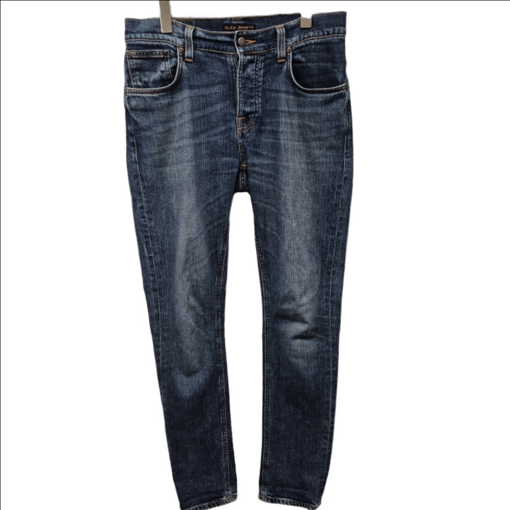 Nudie Jeans Grim Tim Shaded Blue Slim Straight button Fly Jeans size 32x32